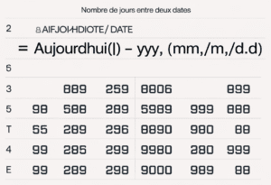 Exemple Excel montrant le calcul du nombre de jours entre deux dates avec une formule
